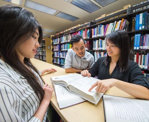 Pharmacy students studying in the library